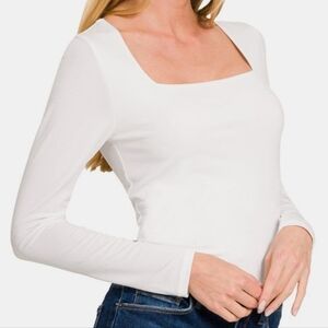 New Zenana White Long Sleeve Top T-Shirt Size S M L XL Fitted Long Sleeve